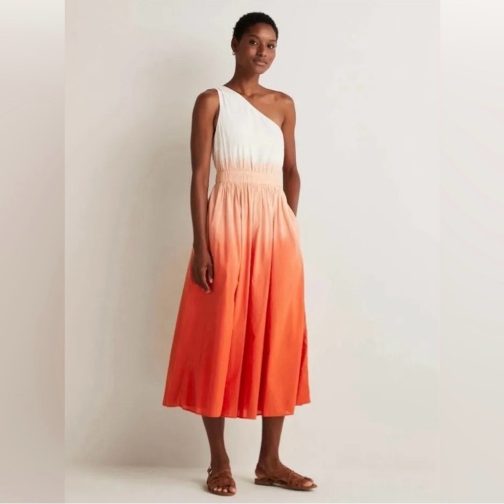 Boden One-Shoulder White and Orange Midi Dress